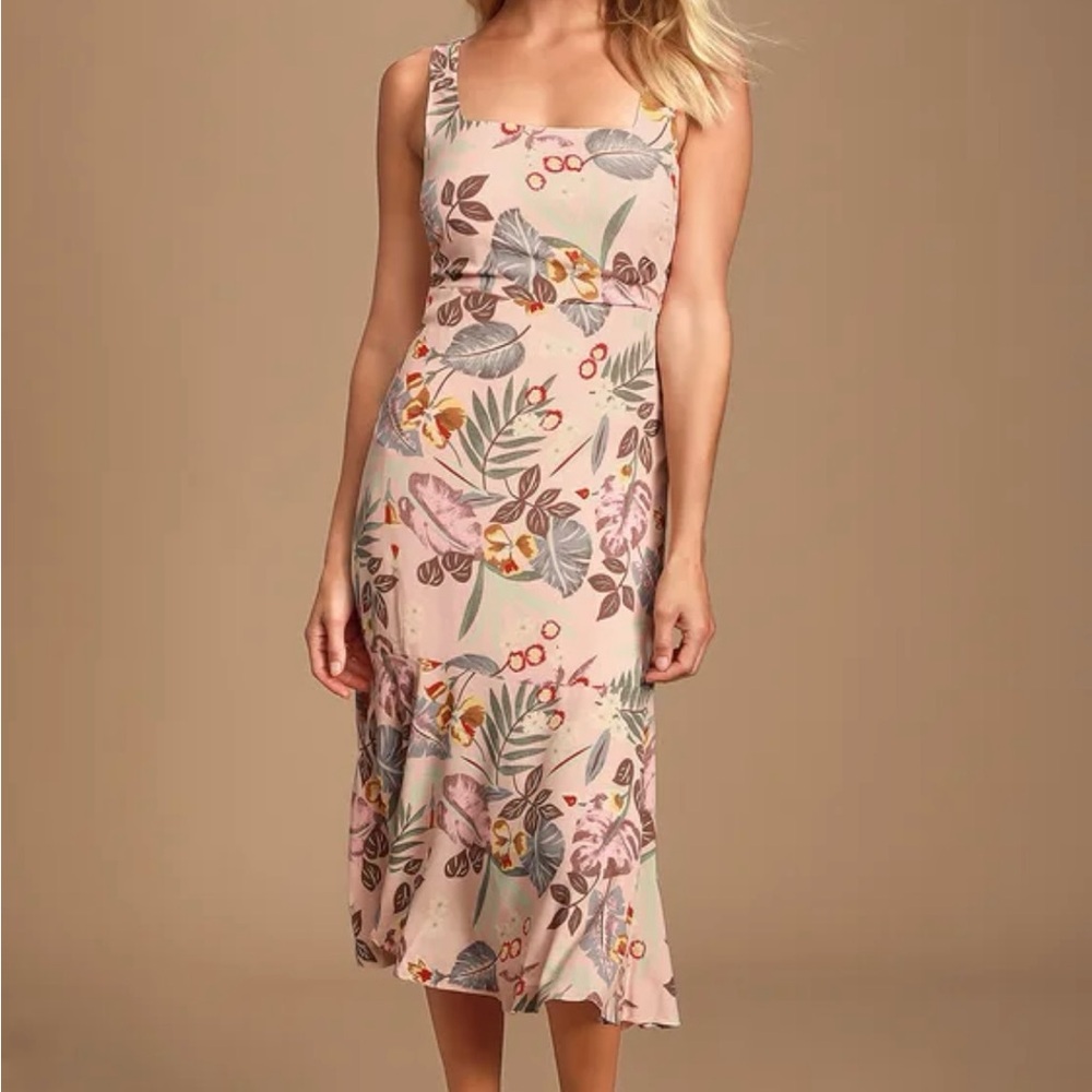 Lulus Island Sun Blush Pink Tropical Print Tie-back Midi Dress - Size M - Picture 2 of 6